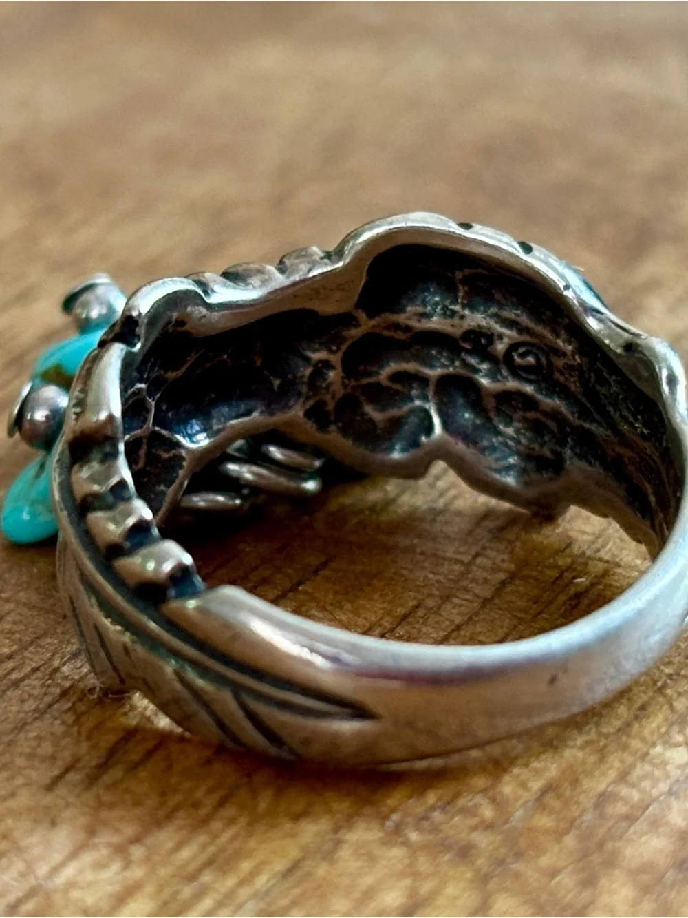 Vintage Turquoise Nuggets Feather Charm Sterling Silver Ring - size 5.5 - Picture 10 of 14